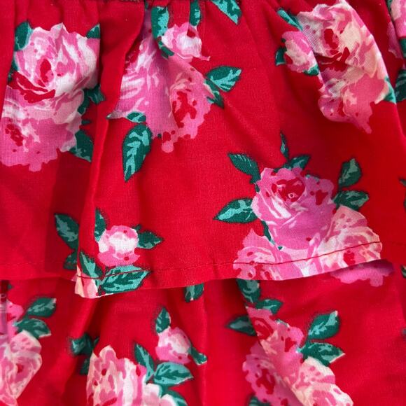 Betsey Johnson Denim Overall Dress 2T Floral Jumper Ruffle Skirt Red Rose Print - Picture 7 of 16